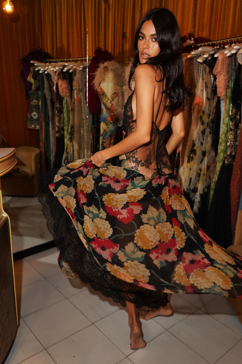 1940s Floral Silk Chiffon Gown with Handmade Lace - Annie's Ibiza