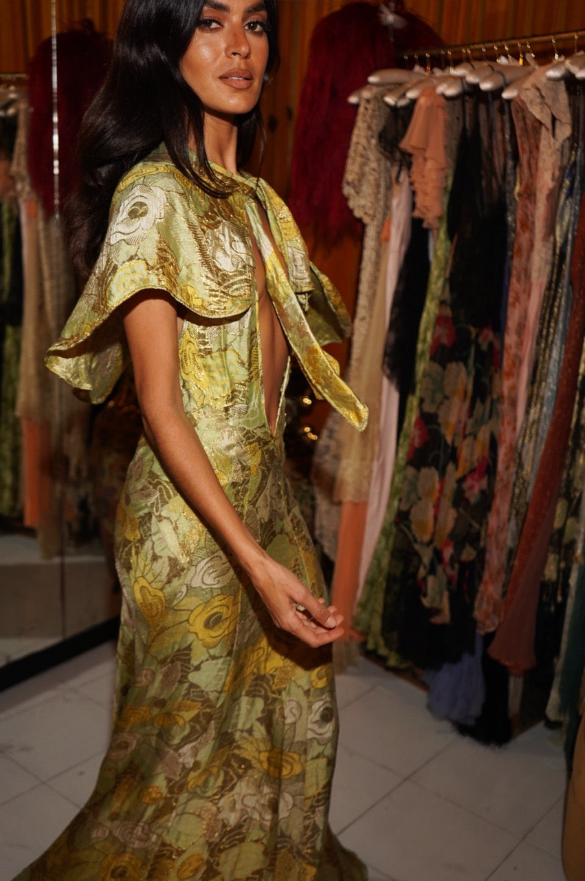 1930s Green and Gold Lamé Gown with Matching Cape - Annie's Ibiza