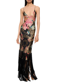 1940s Printed Lamé Gown with Tassel Fringing