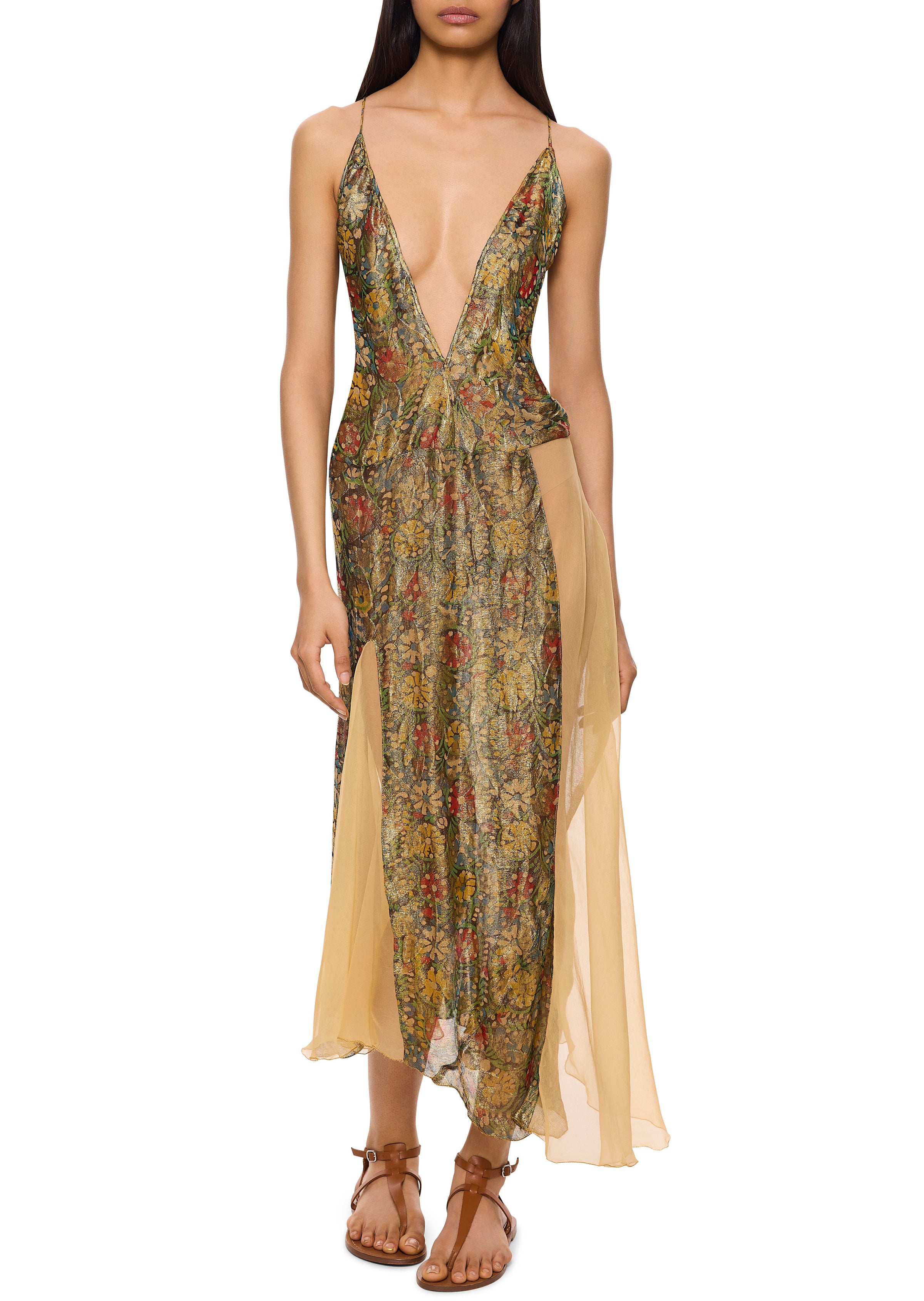 lame midi dress Cut-out floral-print silk-blend lam midi dress - green