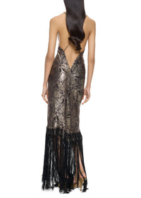 1920s Silver and Black Floral Lamé Gown