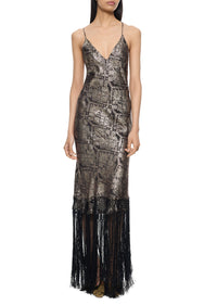 1920s Silver and Black Floral Lamé Gown