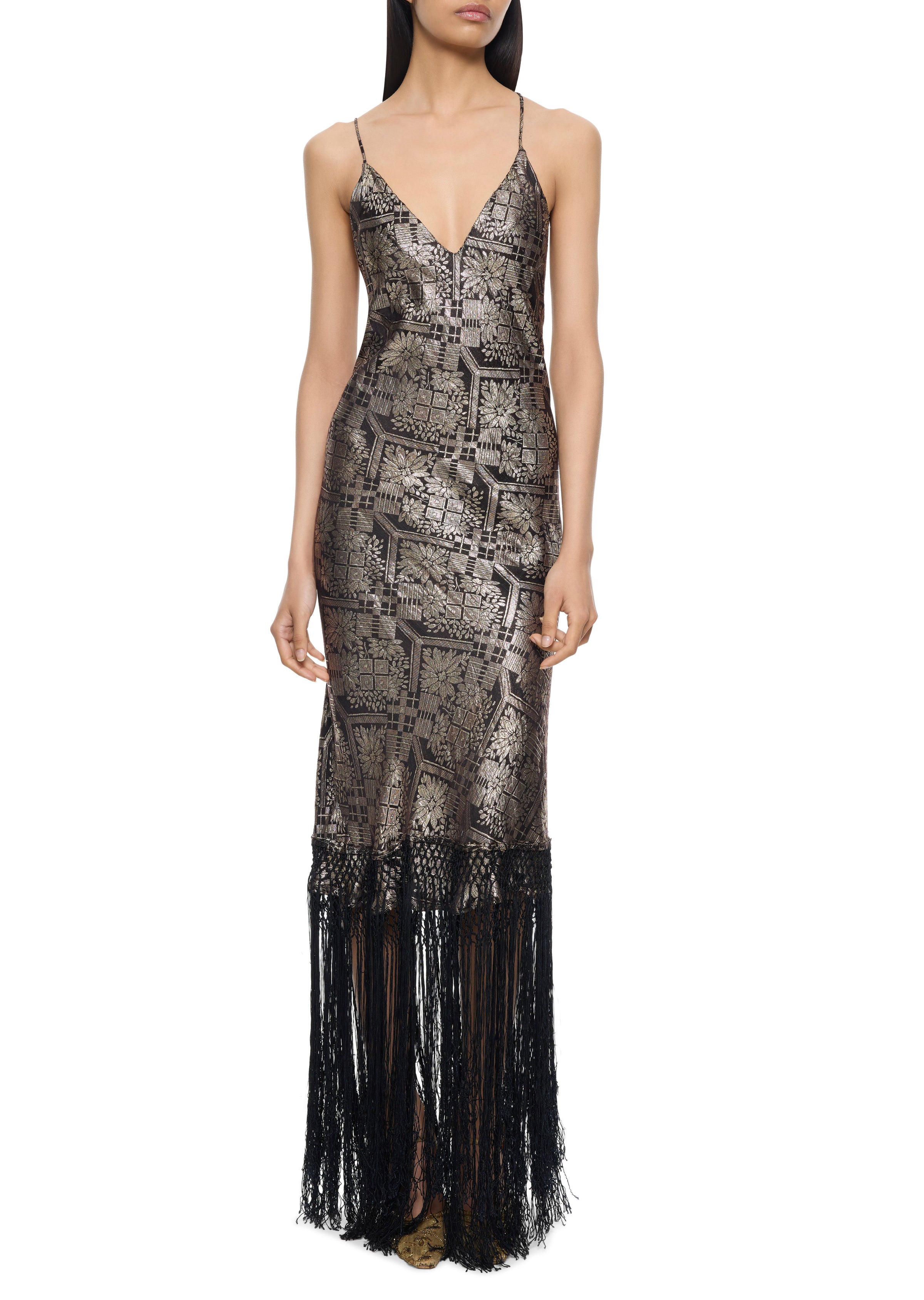 1920s Silver and Black Floral Lamé Gown