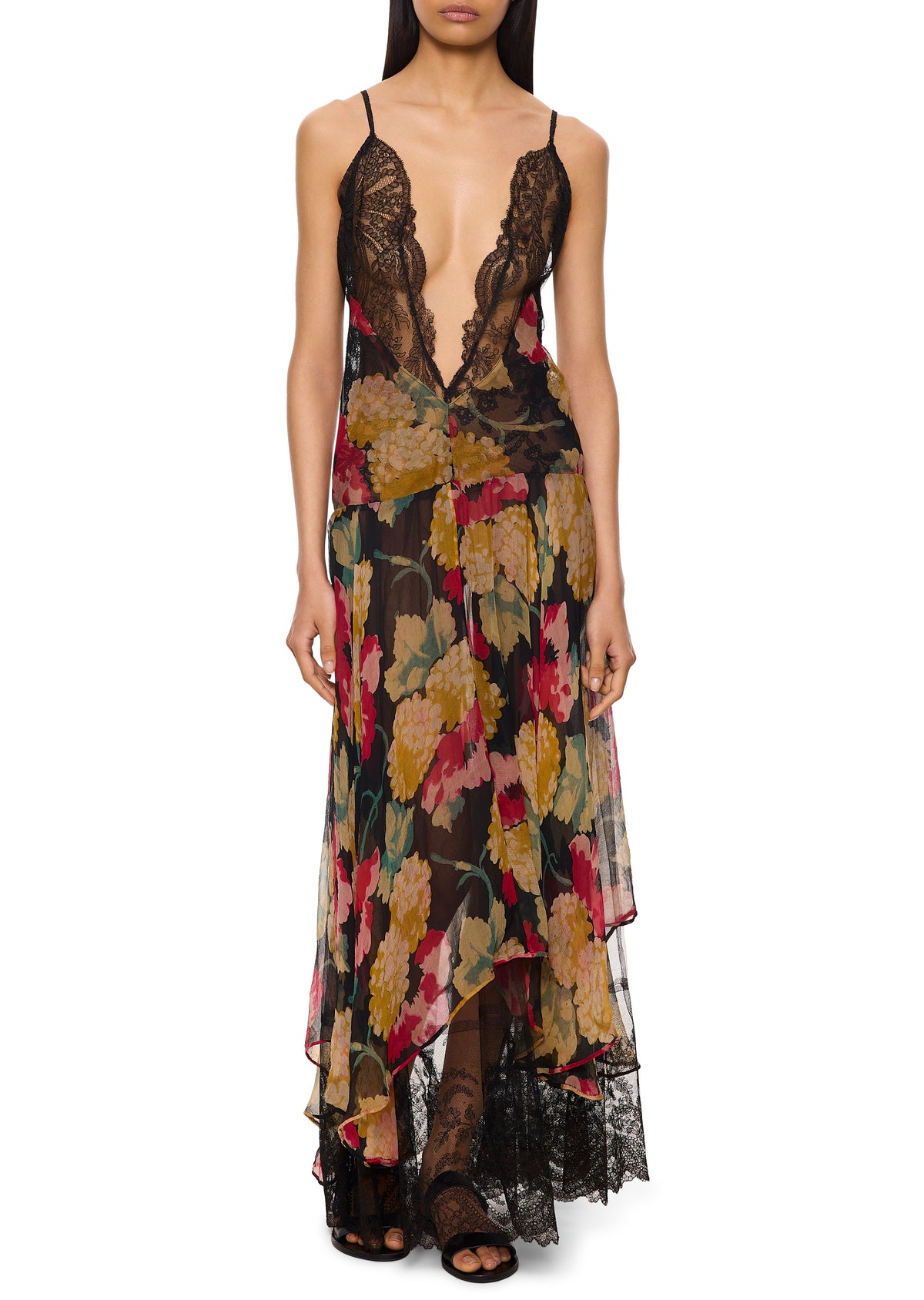 1940s Floral Silk Chiffon Gown with Handmade Lace - Annie's Ibiza