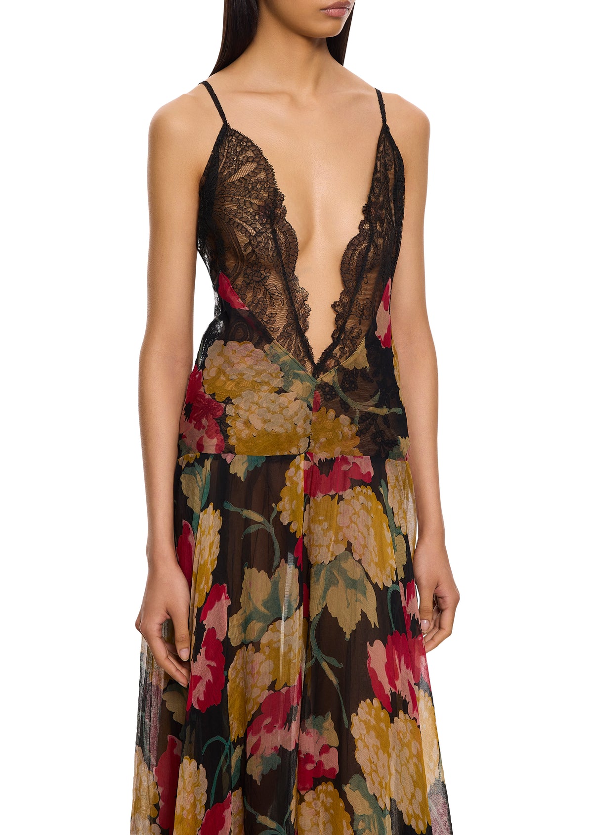 1940s Floral Silk Chiffon Gown with Handmade Lace - Annie's Ibiza