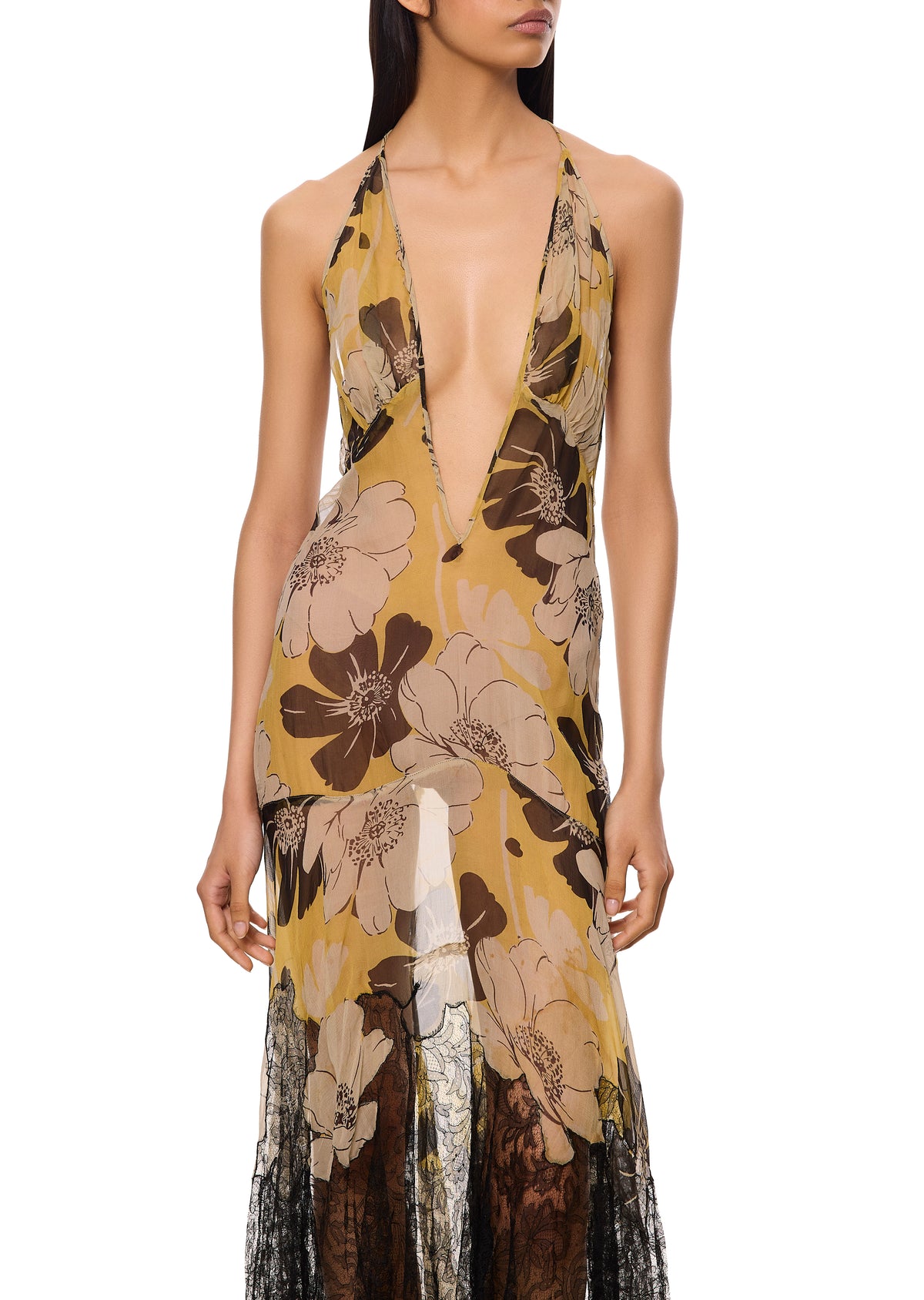 1940s Floral Print Silk Chiffon and Lace Gown - Annie's Ibiza