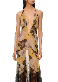 1940s Floral Print Silk Chiffon and Lace Gown - Annie's Ibiza
