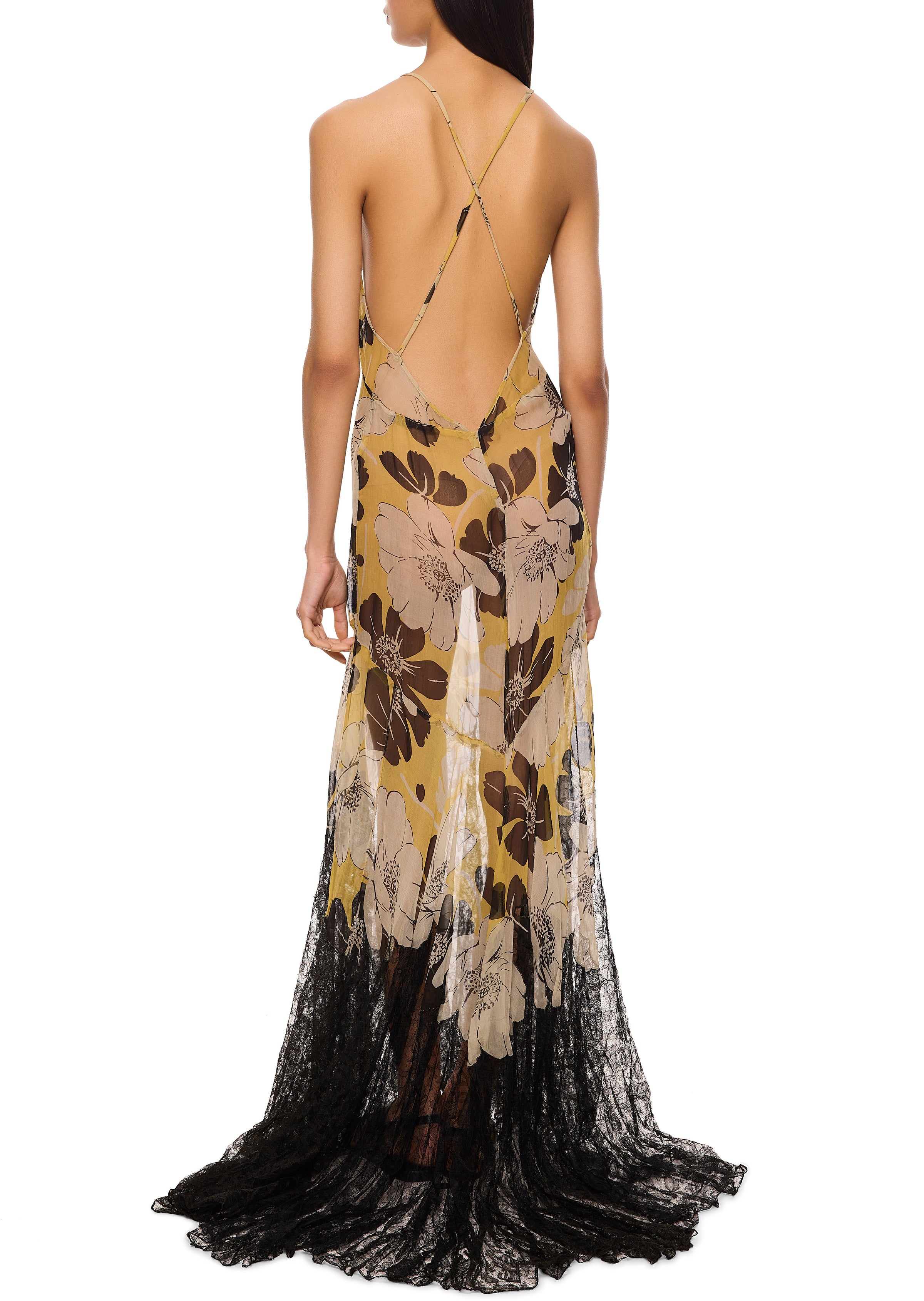 1940s Floral Print Silk Chiffon and Lace Gown - Annie's Ibiza