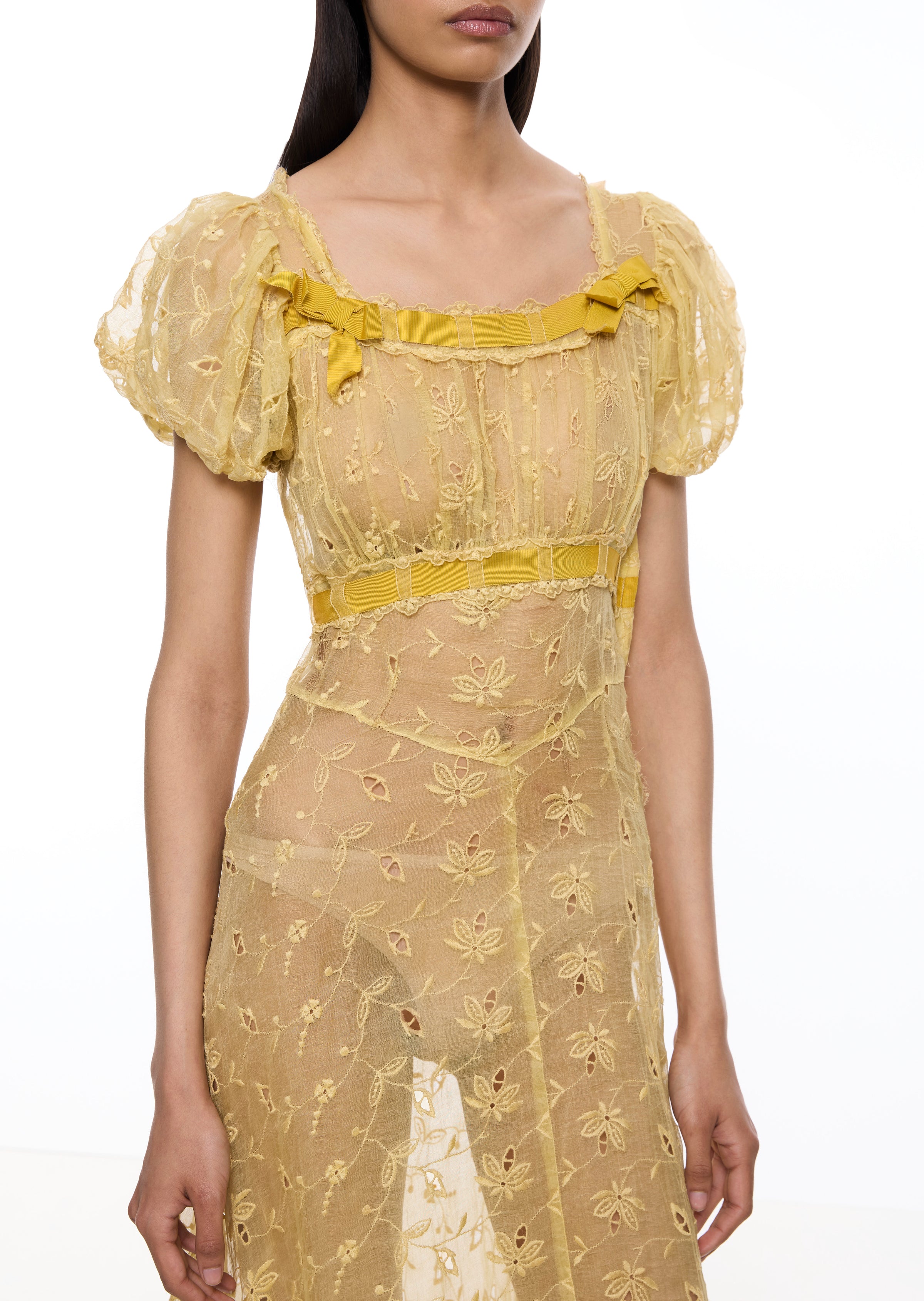 1930s Buttercup Yellow Embroidery Anglaise Dress