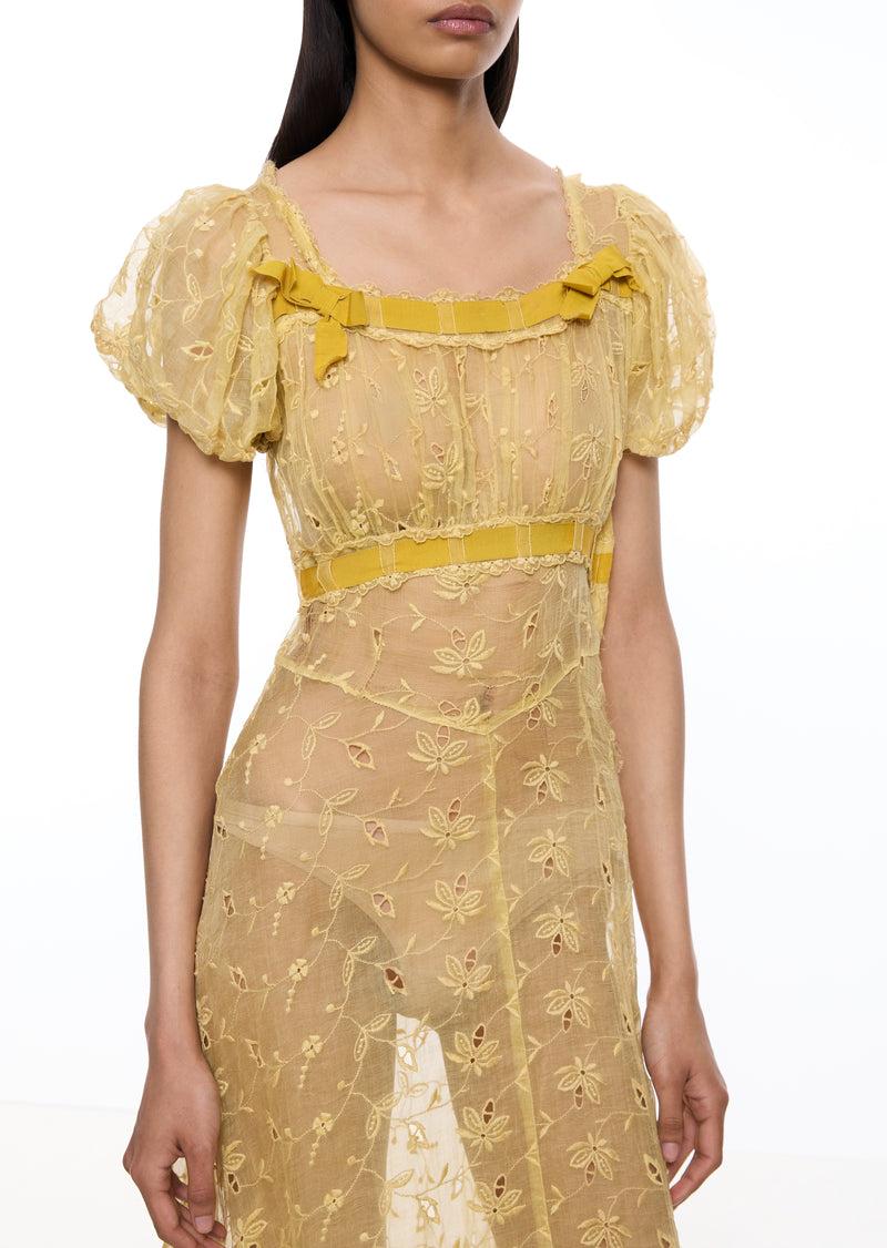 1930s Buttercup Yellow Embroidery Anglaise Dress