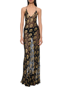 1940s Silk Chiffon Black and Gold Dress