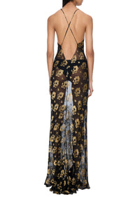 1940s Silk Chiffon Black and Gold Dress