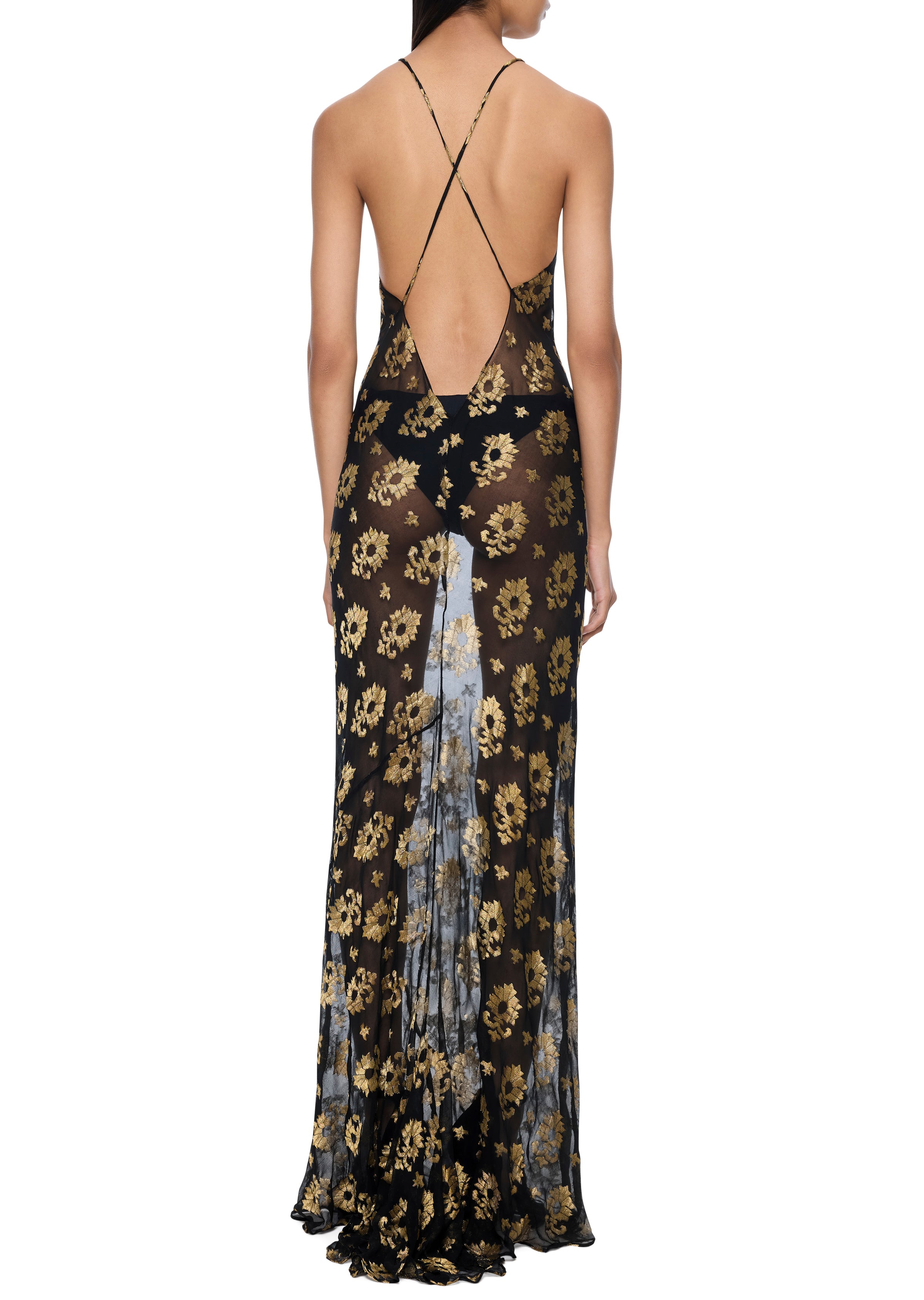 1940s Silk Chiffon Black and Gold Dress