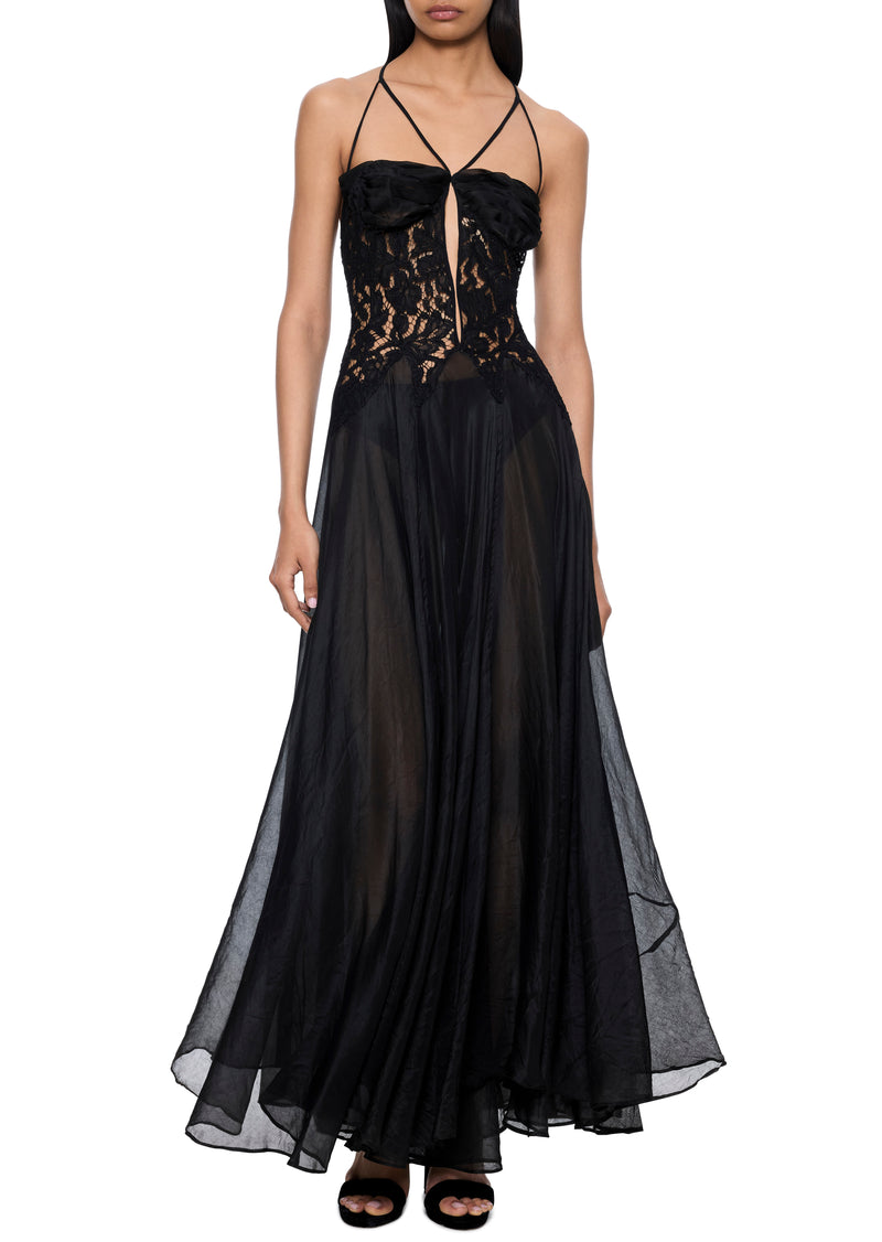 1950s Black Lace and Chiffon Gown