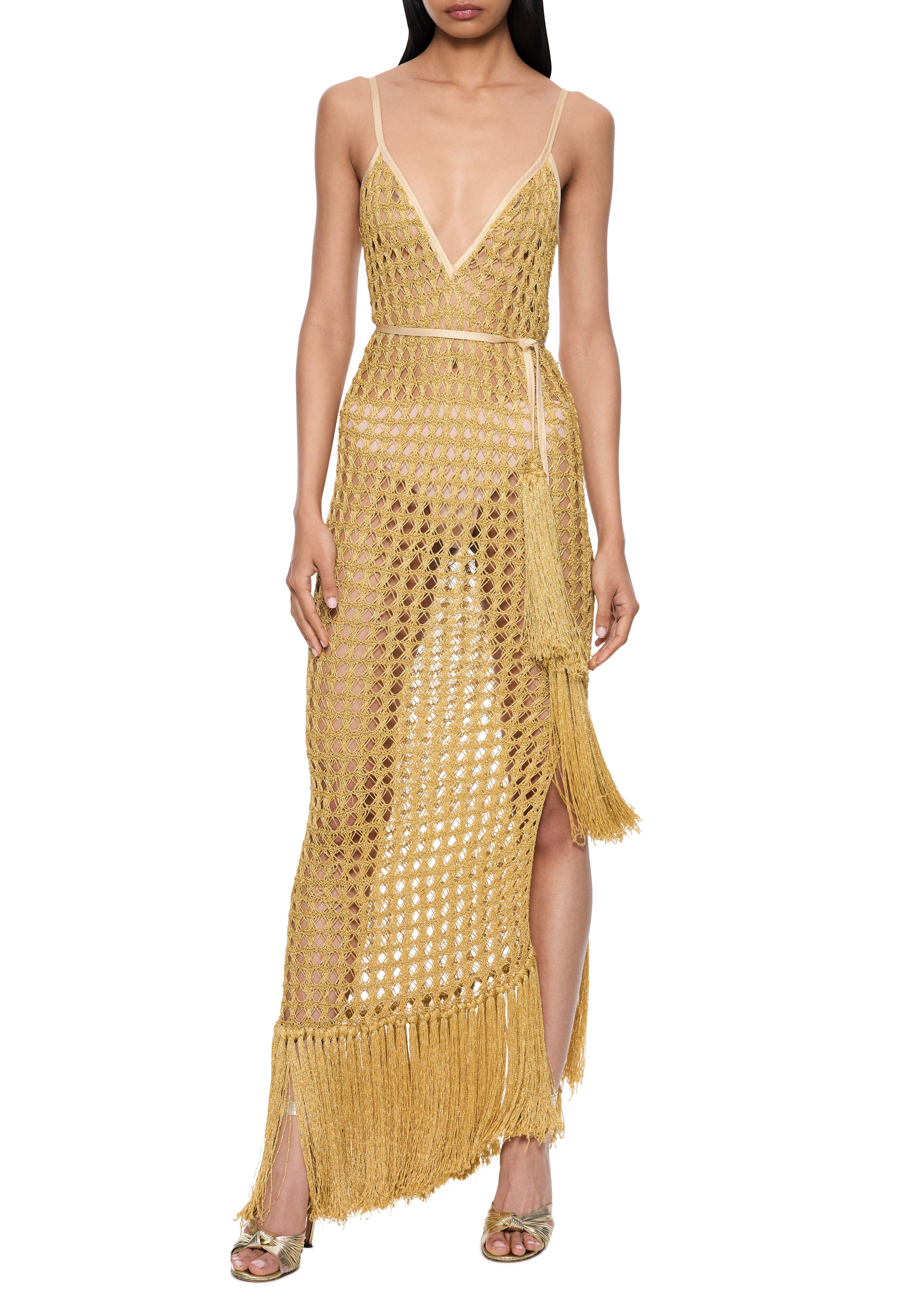 crochet dress gold 1960s Gold Crochet Dress