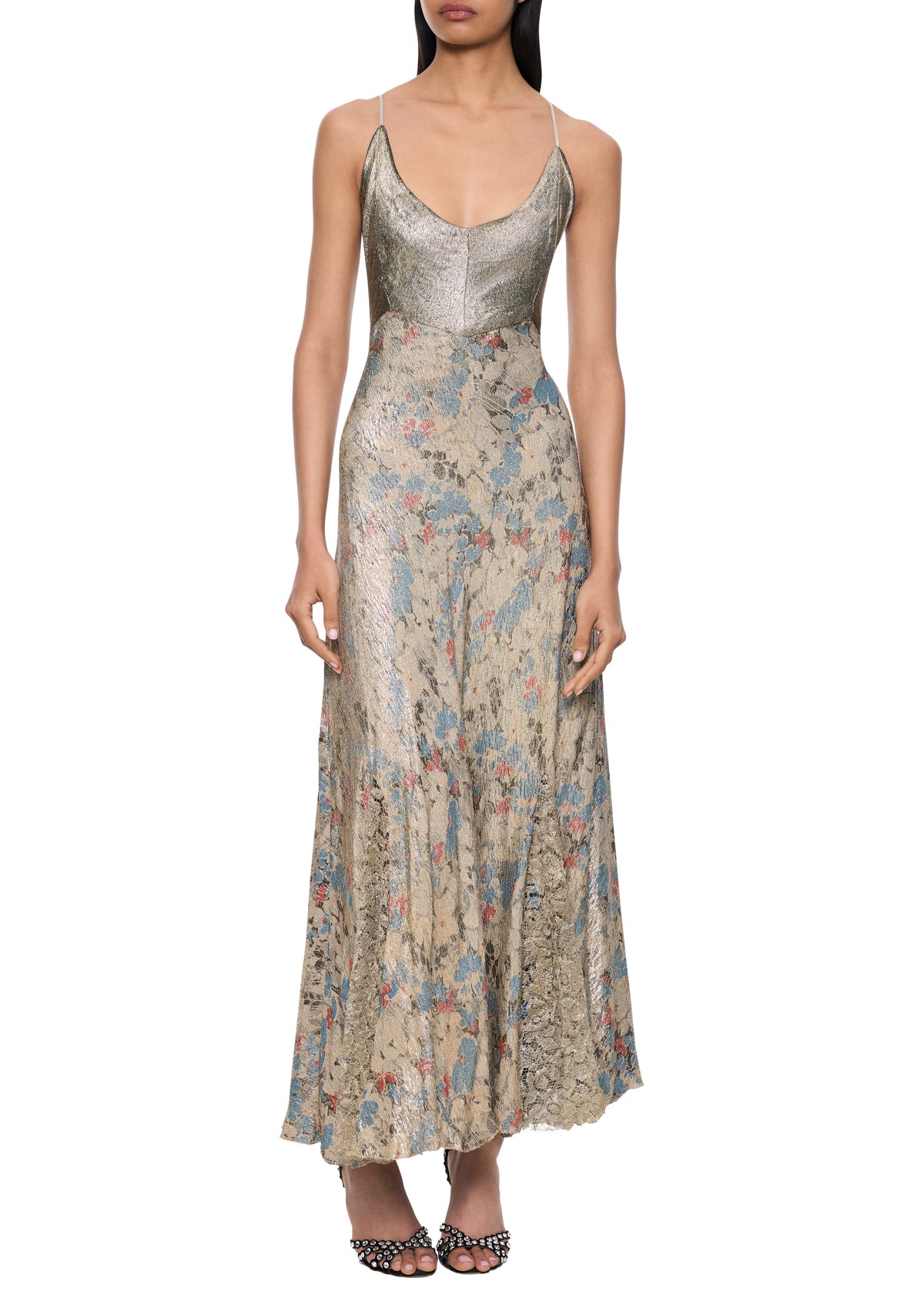 1930s Silver and Blue Floral Lamé Dress - Annie's Ibiza