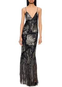 1920s Black and Silver Floral Lamé Gown