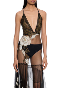 1940s Mesh Silk Dress with Floral Embroidery