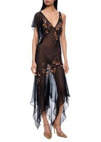 90s Cascading Black Chiffon Floral Dress