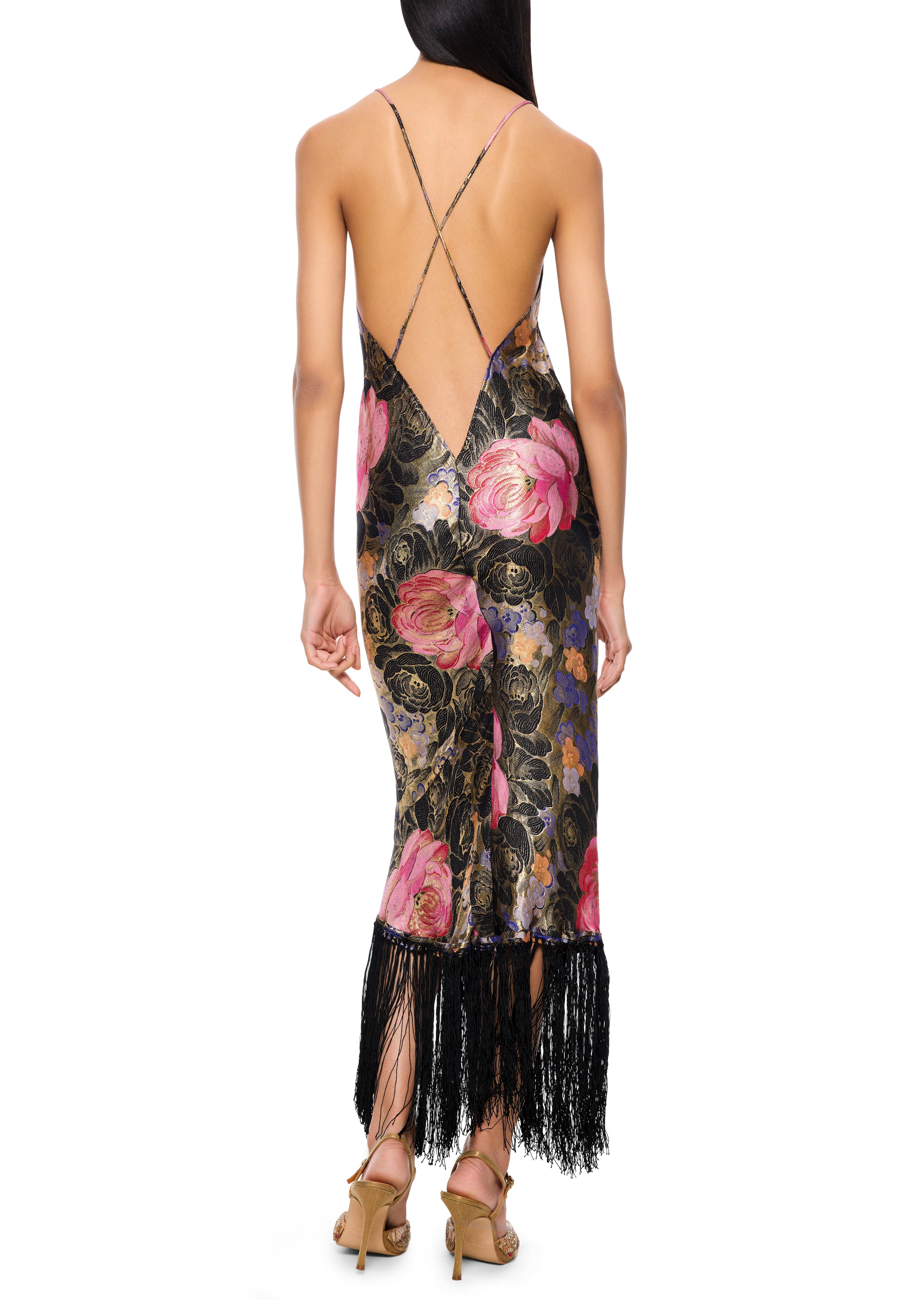 1920s Pink and Orange Floral Lamé Gown