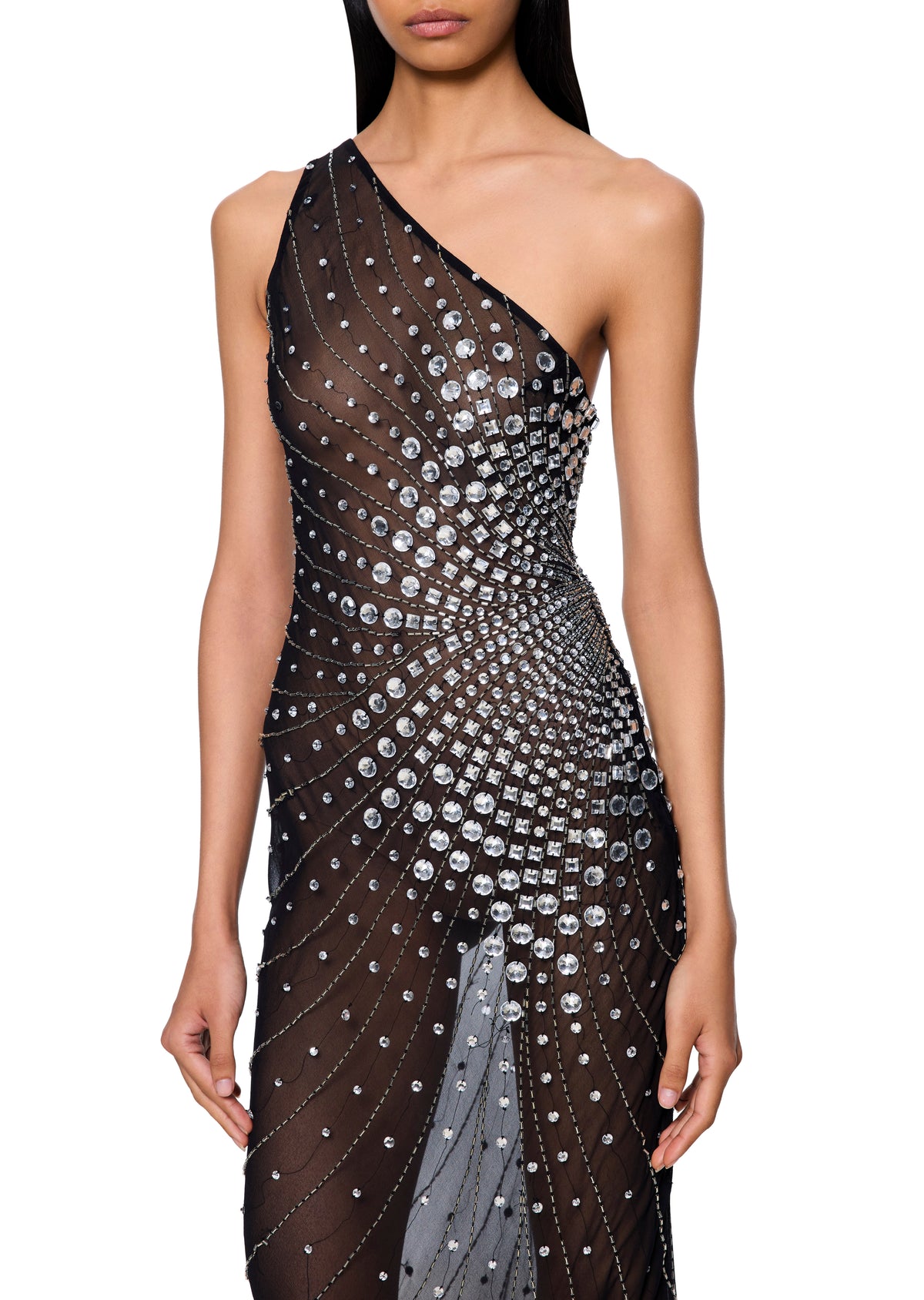 Vintage Crystal-Embellished One-Shoulder Gown: Sheer Black Chiffon - Annie's Ibiza