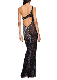 Vintage Crystal-Embellished One-Shoulder Gown: Sheer Black Chiffon - Annie's Ibiza
