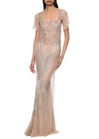 1930s Champagne Silk Chiffon Embroidered Gown