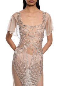 1930s Champagne Silk Chiffon Embroidered Gown