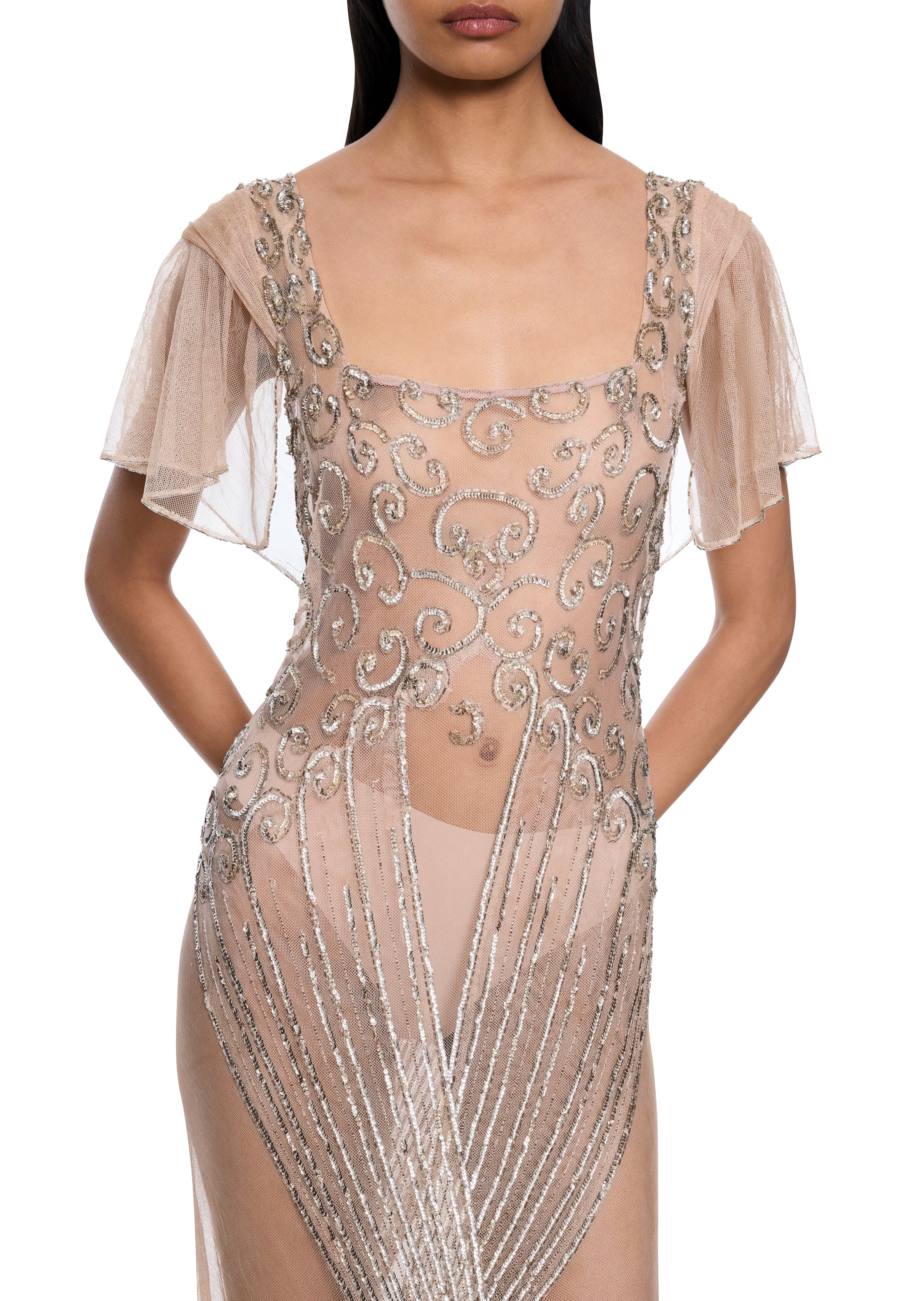 1930s Champagne Silk Chiffon Embroidered Gown