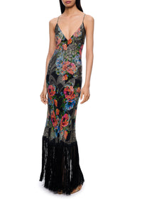 1920s Black and Floral Lamé Gown