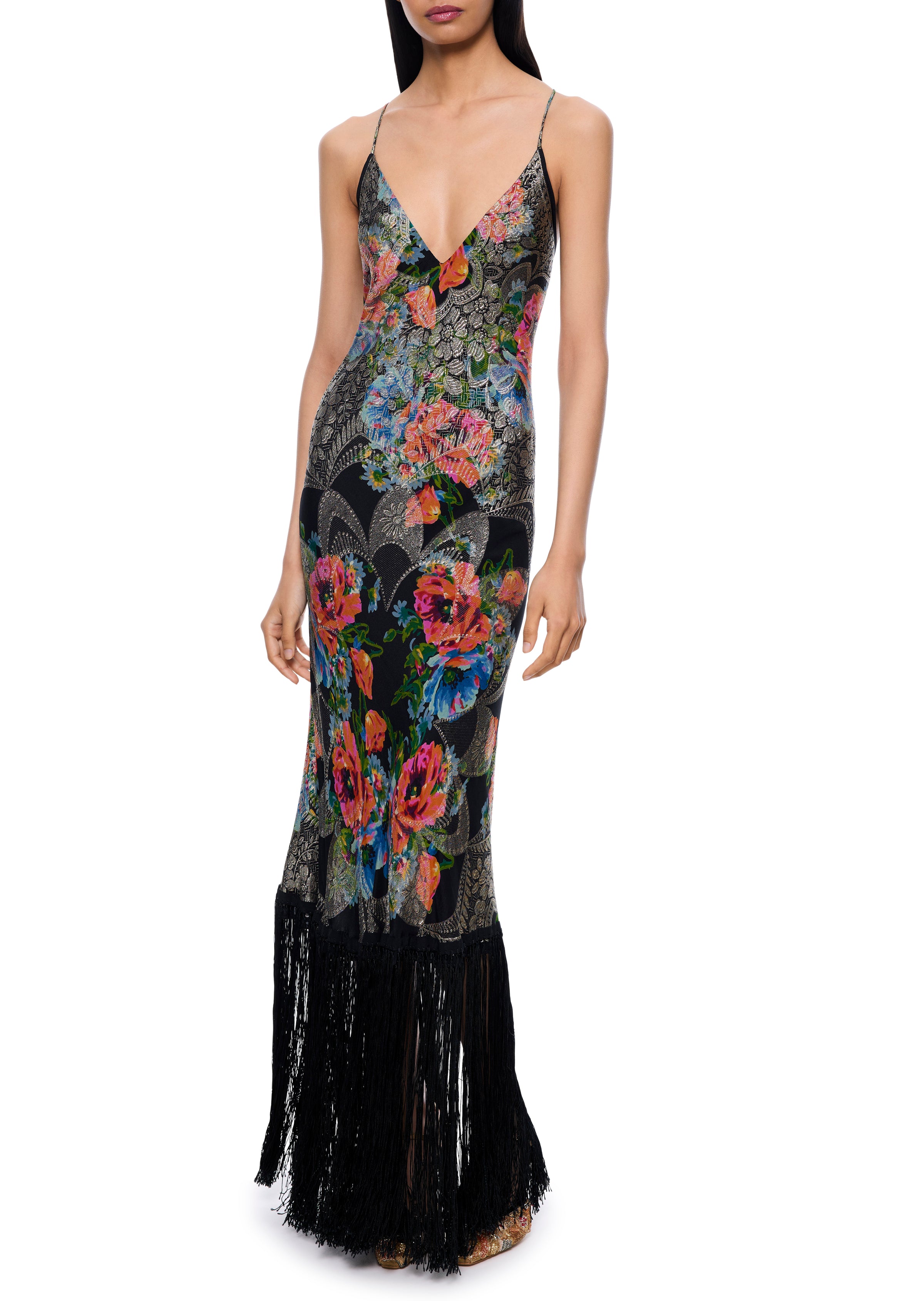 1920s Black and Floral Lamé Gown