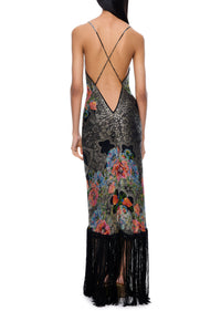 1920s Black and Floral Lamé Gown