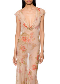 Vintage Peach Floral Cowl Neck Maxi Dress - Annie's Ibiza