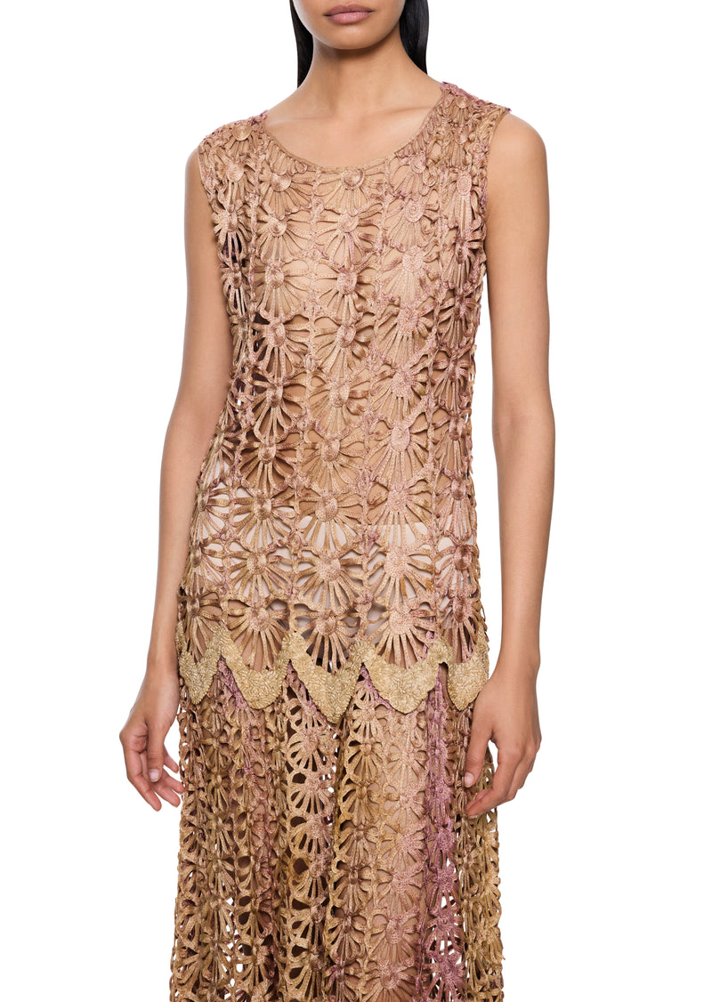 1920s Rose Silk Crochet Dress