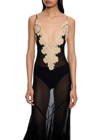 1940s Black Silk Chiffon Dress with Lace Detailing