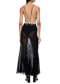 1940s Black Silk Chiffon Dress with Lace Detailing