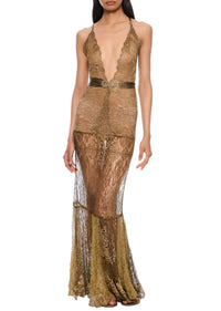 1940s Gold Metallic Lace Dress