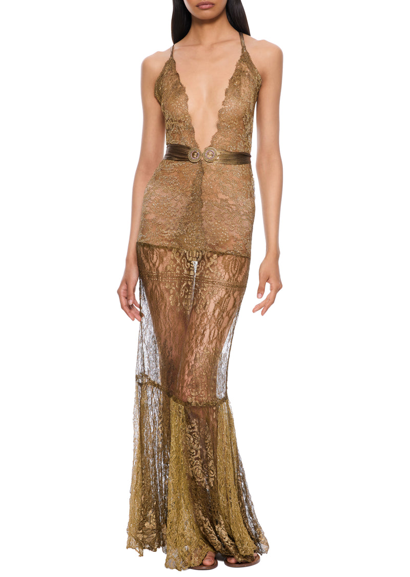 1940s Gold Metallic Lace Dress