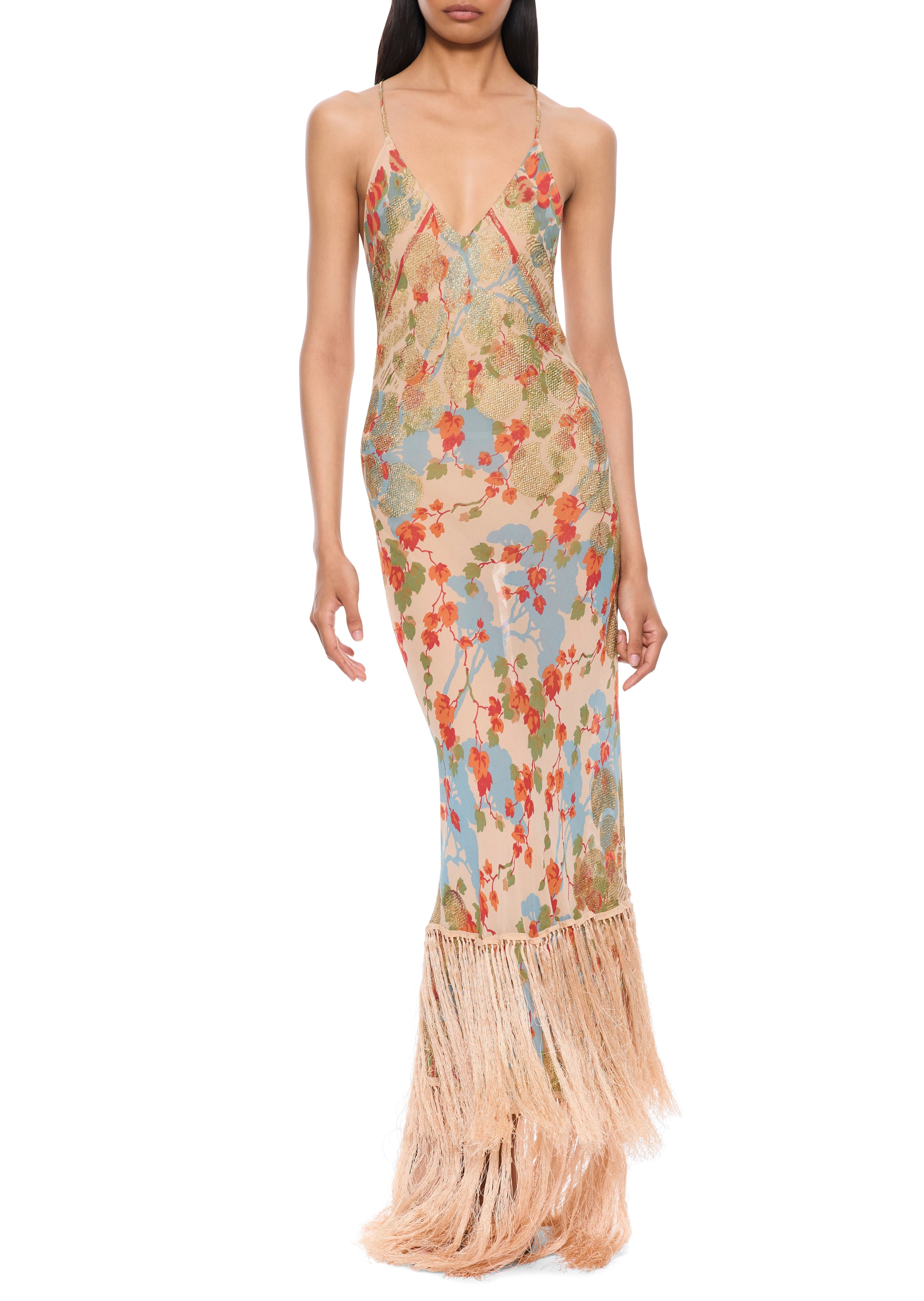 1940s Ivory Floral Print Gown with Fringing - Annie's Ibiza