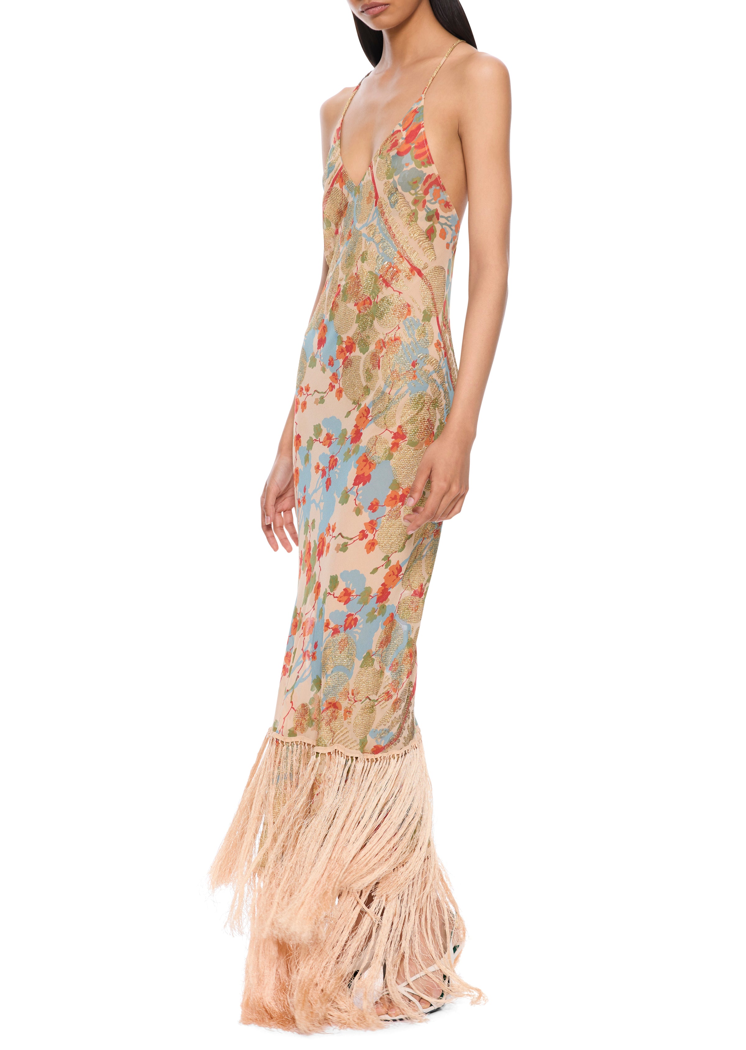 1940s Ivory Floral Print Gown with Fringing - Annie's Ibiza