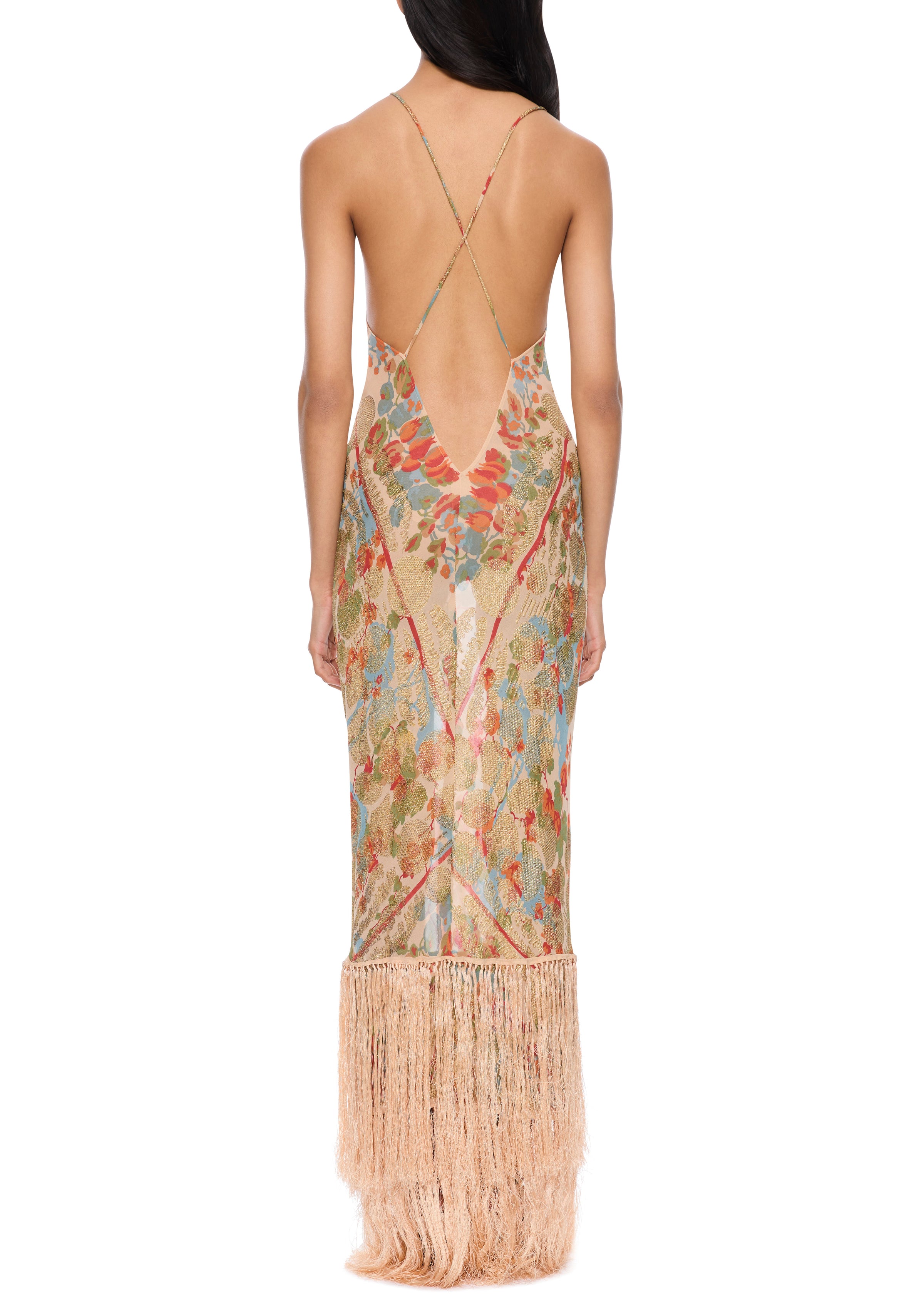 1940s Ivory Floral Print Gown with Fringing - Annie's Ibiza