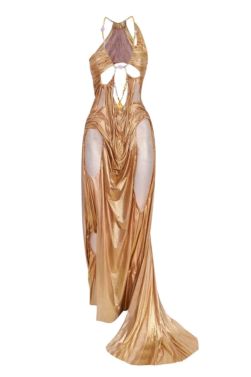 Gold Wetlook Venus Long Dress