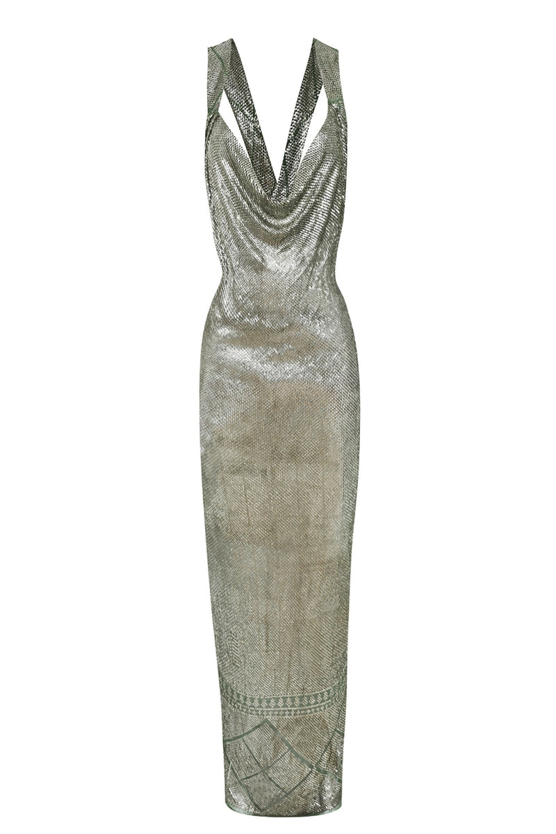 1920s Egyptian Light Green Cowl Neck Gown