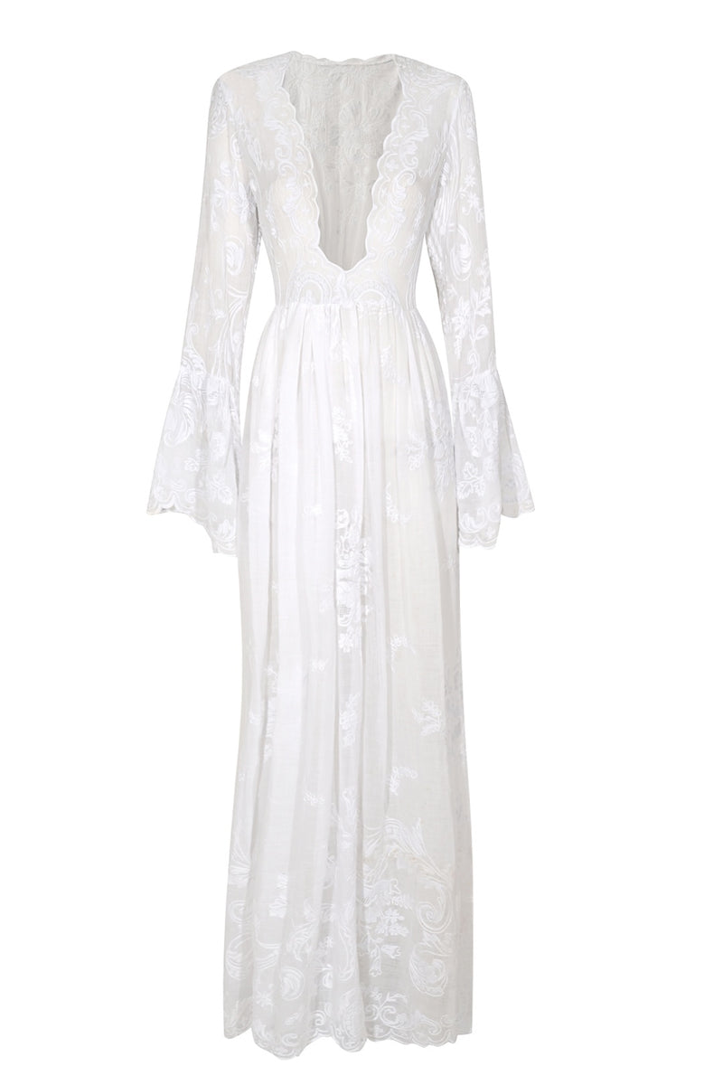 1940s White Floral Cotton Dress with Bell Sleeves