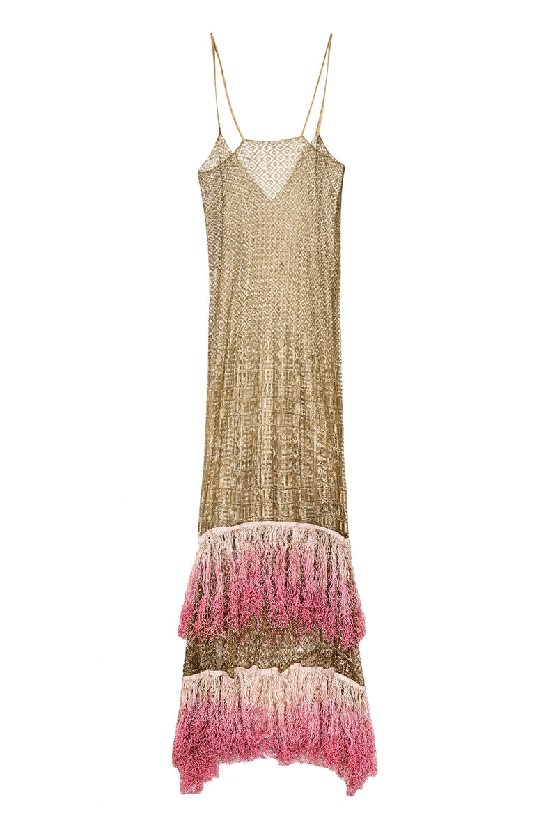 1920s Gold Lame Lace Dress with Pink Ombre Tassels