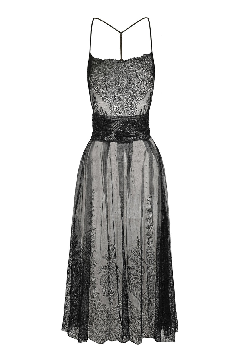 1940s Black Lace Beaded Midi Dress