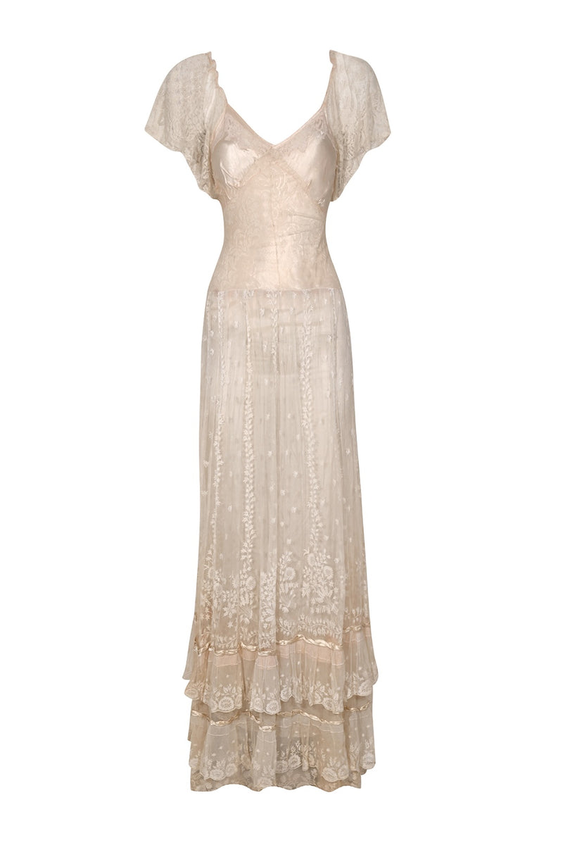 1930s Lace Dress with Silk Piping