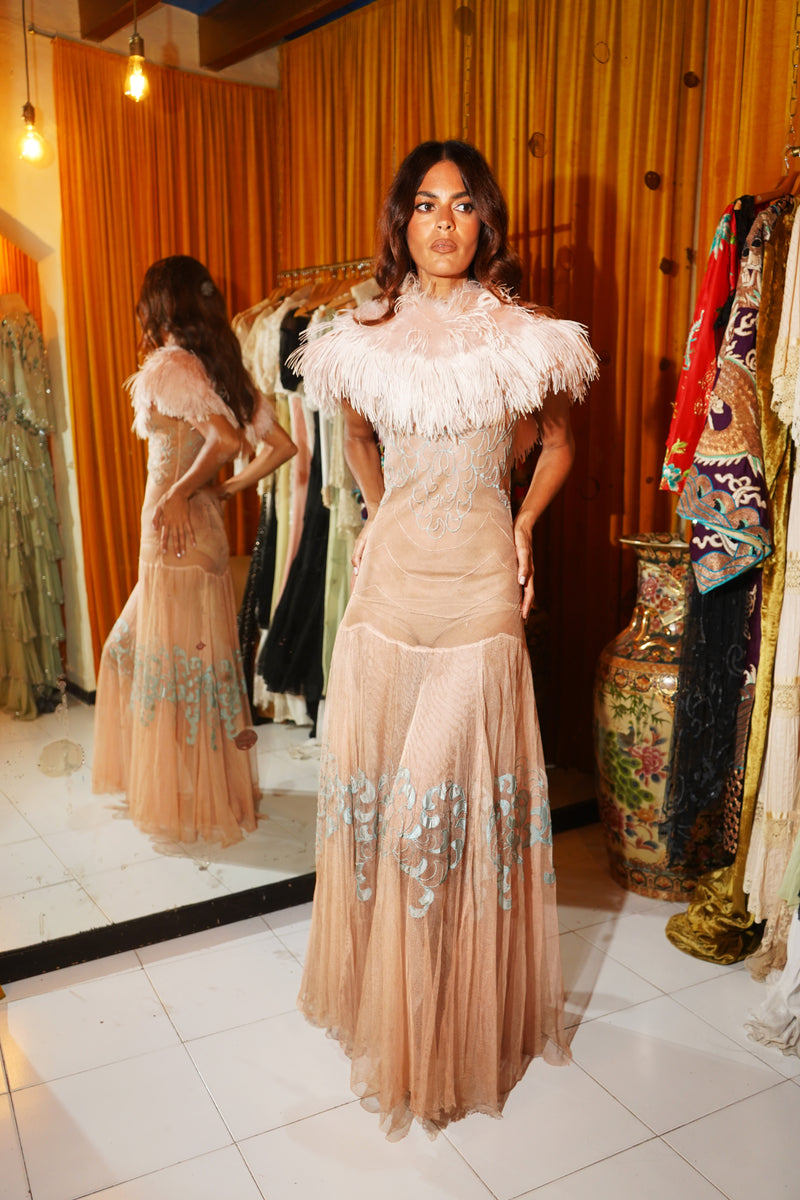 1920s Light Peach Tulle Embroidered Gown