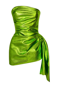 Metallic Green Draped Leather Mini Dress