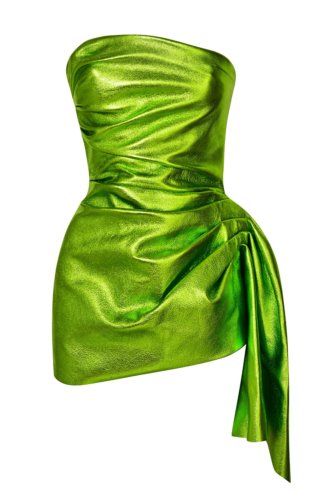 Metallic Green Draped Leather Mini Dress Metallic Green Draped Leather Mini Dress